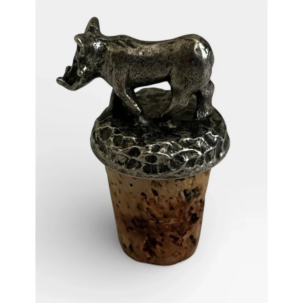 Vintage Warthog Wild Boar Metal Figural Wine Bottle Stopper Pewter Tone Cork